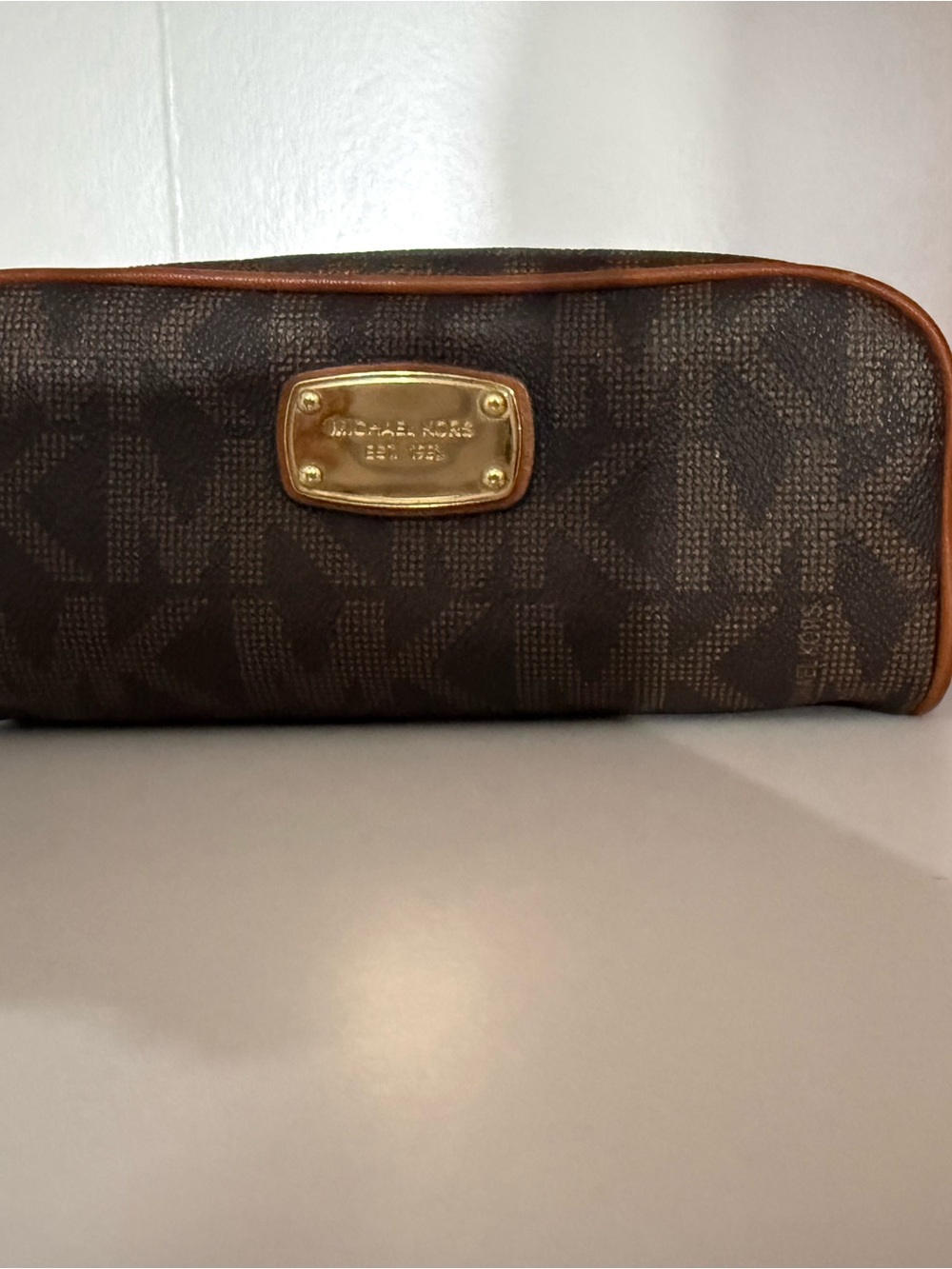 Michael Kors Dark Brown MK Monogram Zip Makeup Bag with Gold Plaque